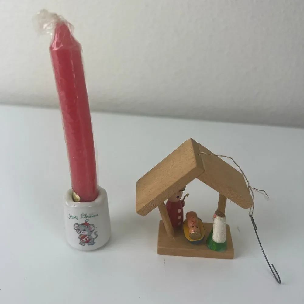 Vintage Mini Nativity Scene Manger Wooden Christmas Ornament and candle/ holder